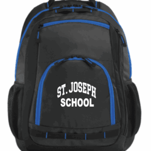 Black backpack with blue accents and 'St. Joseph School' text.