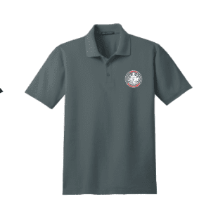 Dark gray polo shirt with a small round logo on the chest.