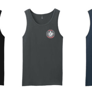 Three sleeveless tank tops in black, gray, and blue with a small circular logo.