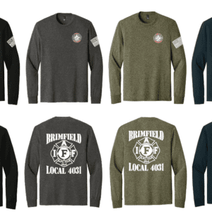 Various colors of long-sleeve shirts with a firefighter-themed design.