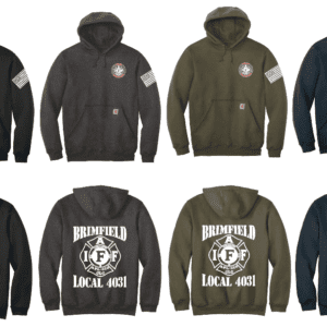 Various firefighter-themed hoodies in different colors with logos and text.