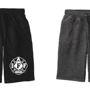 Two pairs of casual shorts, black and gray, displayed side by side.