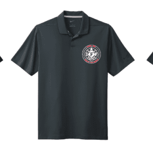 Black polo shirt with a round logo on the chest.