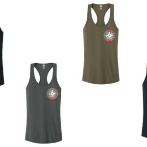 Four sleeveless tank tops in black, gray, olive, and navy with a round logo on the chest.