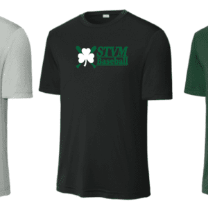 Three t-shirts with various colors and designs.