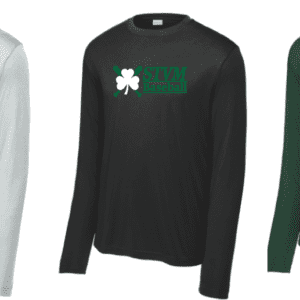 Three long-sleeve shirts with shamrock and St. Patrick's Day designs.