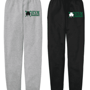 Two pairs of sweatpants in gray and black with green and white graphic logos.