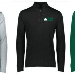 Three quarter-zip sweaters in white, black, and green with logos.