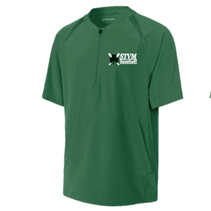 Green polo shirt with a logo on the chest.
