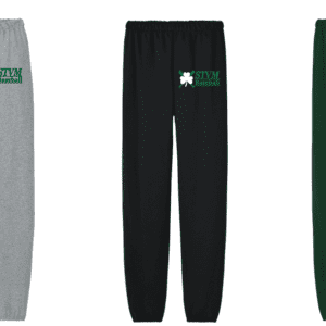 Three pairs of sweatpants in grey, black, and dark green with green logo patches.