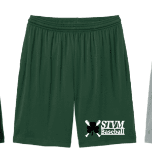 Green athletic shorts with STM Baseball logo.