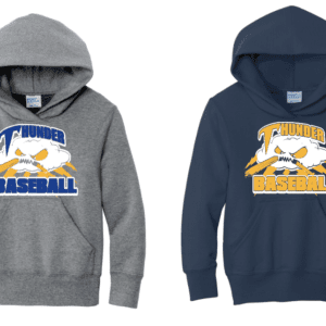 Two baseball-themed hoodies, one gray and one navy, featuring a batter graphic and "BASEBALL" text.