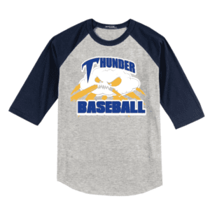 Gray and navy baseball shirt with Thunder Baseball logo and mascot.
