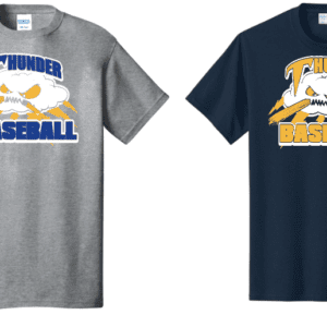 Two baseball team T-shirts with bold graphics and text.