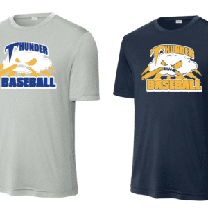 Two baseball T-shirts with team logos and mascots.