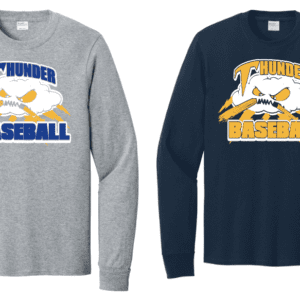 Two baseball-themed long-sleeve shirts with thunderbird graphics.