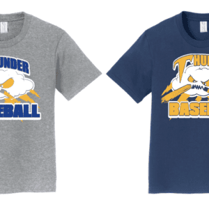 Two baseball-themed t-shirts featuring a bird mascot and 'Thunder Baseball' text.