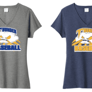 Two baseball-themed t-shirts with cartoon designs, one gray and one navy.