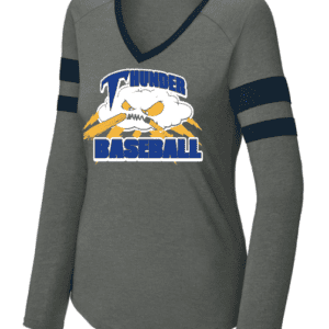 Gray long-sleeve shirt with blue stripes and Thunder Baseball logo.