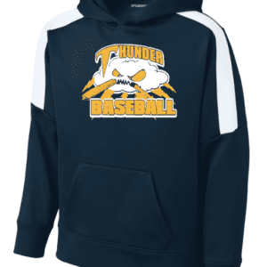 Navy blue hoodie with white accents and Thunder Baseball logo.