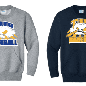 Two Thunder Baseball crewneck sweatshirts in gray and navy blue.