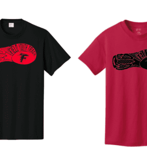 Two graphic t-shirts with bold logo designs in black and red.