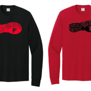 Two long-sleeve shirts with a footprint design, one black and one red.