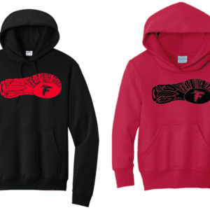 Two hoodies, one black and one red, each with a boxing glove graphic on the chest.