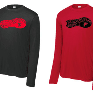 Two long-sleeve shirts in black and red with a bold graphic design.