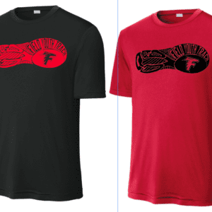 Two t-shirts in black and red with a graphic flame and 'F' design.