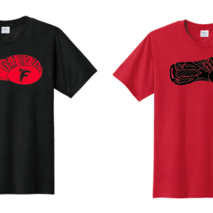 Two graphic t-shirts with bold logos on black and red backgrounds.