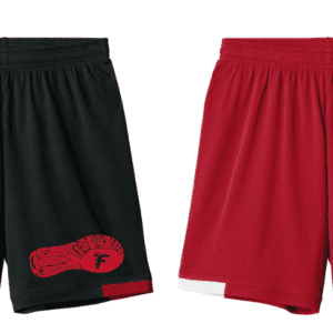 Two pairs of athletic shorts, one black and one red, with logos on the lower left.