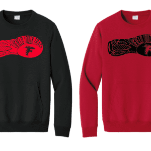 Two sweatshirts with contrasting colors and similar graphic designs on the chest.