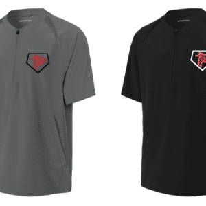 Two casual short-sleeve shirts with geometric logo patches on the chest.