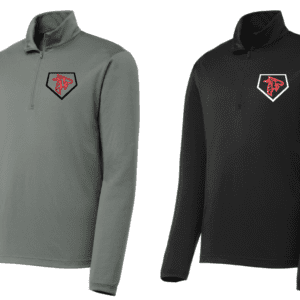 Two quarter-zip jackets, one gray and one black, each with a red and white logo on the chest.