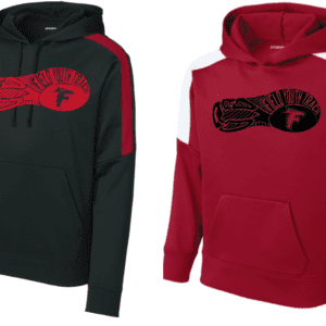 Two stylish hoodies in black and red with unique logo designs.