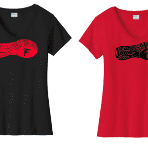 Black and red t-shirts with colorful hand graphic designs.