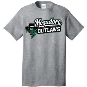 Gray T-shirt with Mogadore Outlaws logo and graphic design.
