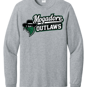 Gray long-sleeve shirt with "Mogadore Outlaws" logo featuring a masked outlaw figure.
