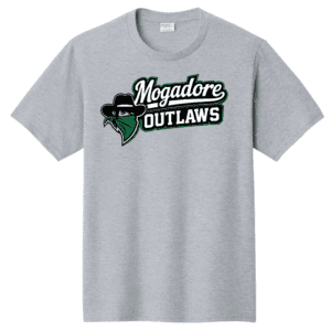 Gray t-shirt with 'Nogadores Outlaws' logo and green graphic.